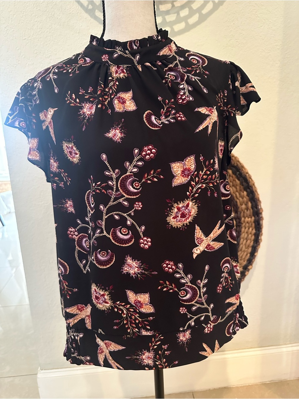 New York & Company Black Floral Print High-Neck Blouse